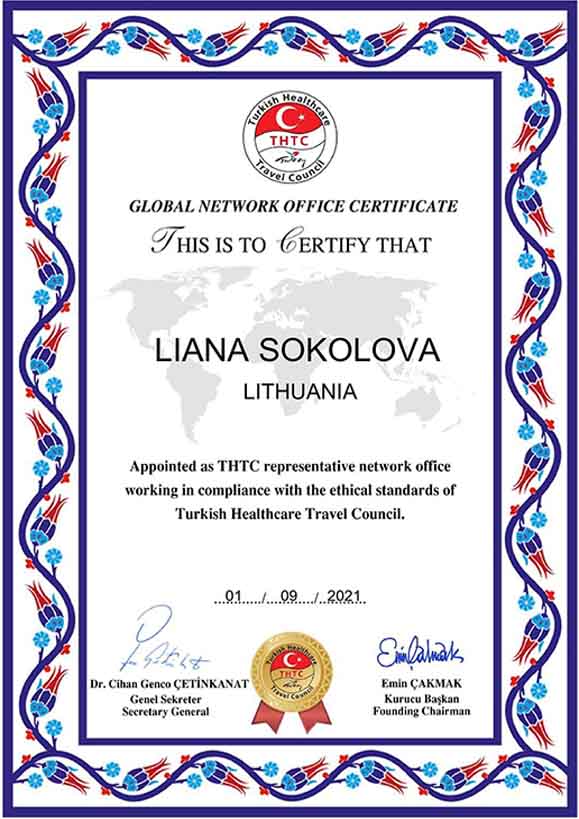 Turkijos medicininio turizmo asociacijos Lietuvoje sertifikatas